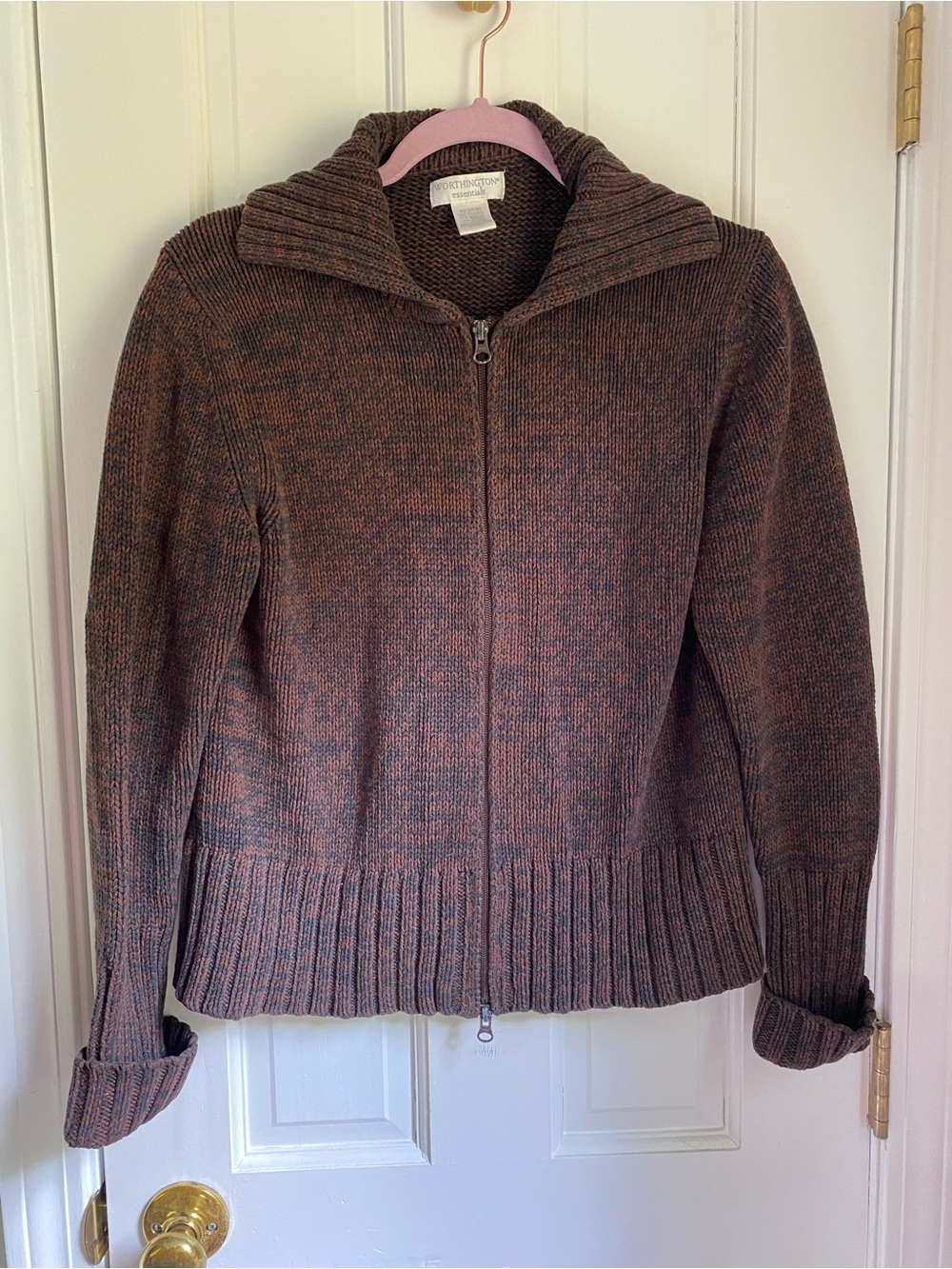 Vintage Worthington Women’s Zip-Front Sweater Cardigan in Brown and Black